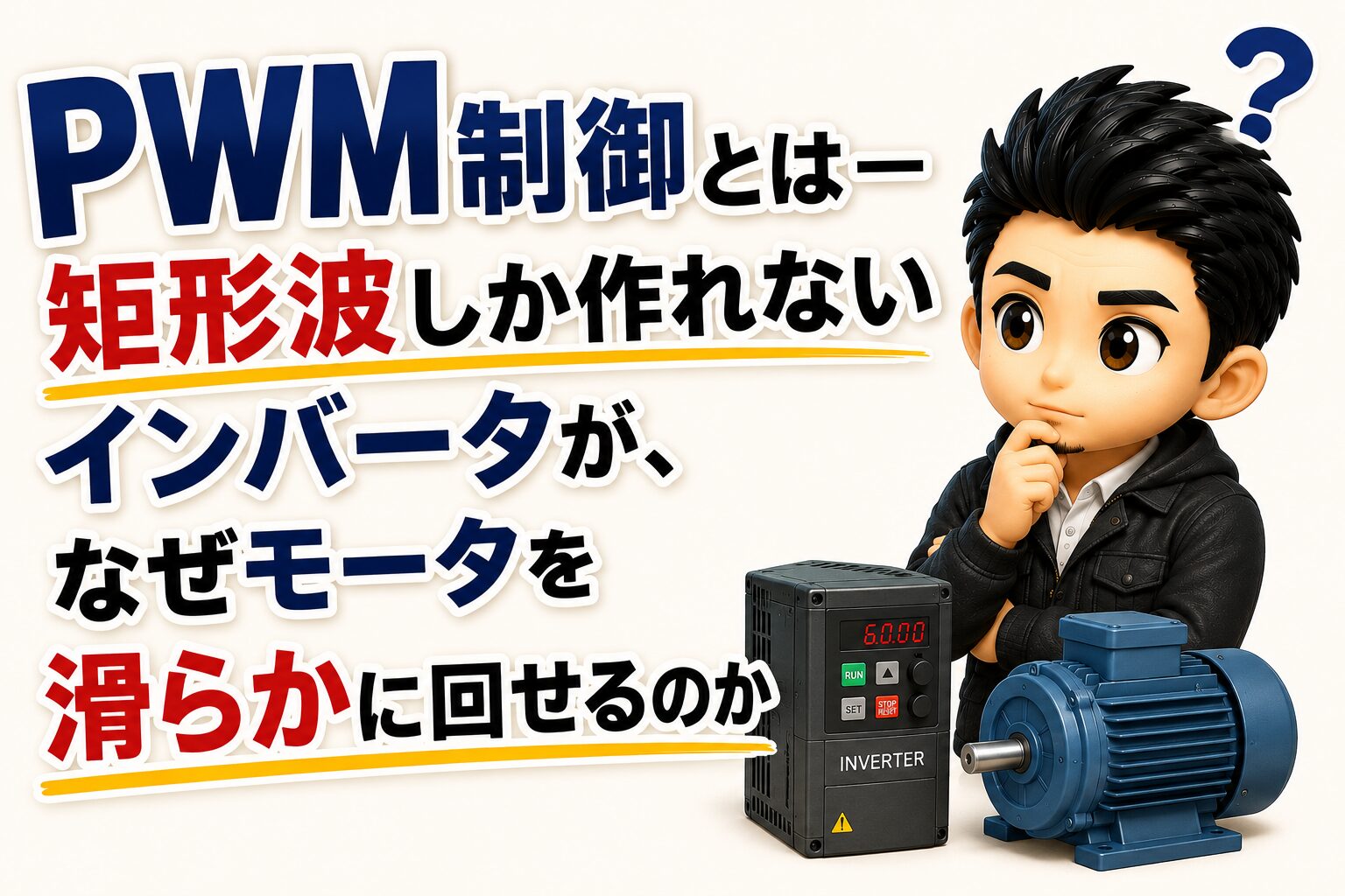 記事タイトル「PWM制御とは ― 矩形波しか作れないインバータが、なぜモータを滑らかに回せるのか」と、考えこむ人物・インバータ・モータのイラストを配したアイキャッチ画像。