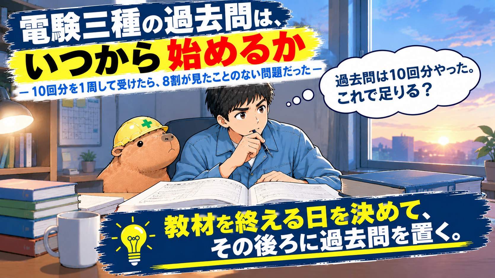 電験三種の過去問は、いつから始めるか ― 10回分を1周して受けたら、8割が見たことのない問題だった。夜明け前の机で、作業着の人物と黄色いヘルメットをかぶったカピバラが、開いた過去問題集を前に考えている。人物は「過去問は10回分やった。これで足りる？」と考えている。机の上には積み重ねた本とマグカップ、窓の外は明るくなりはじめた空。下部に「教材を終える日を決めて、その後ろに過去問を置く。」