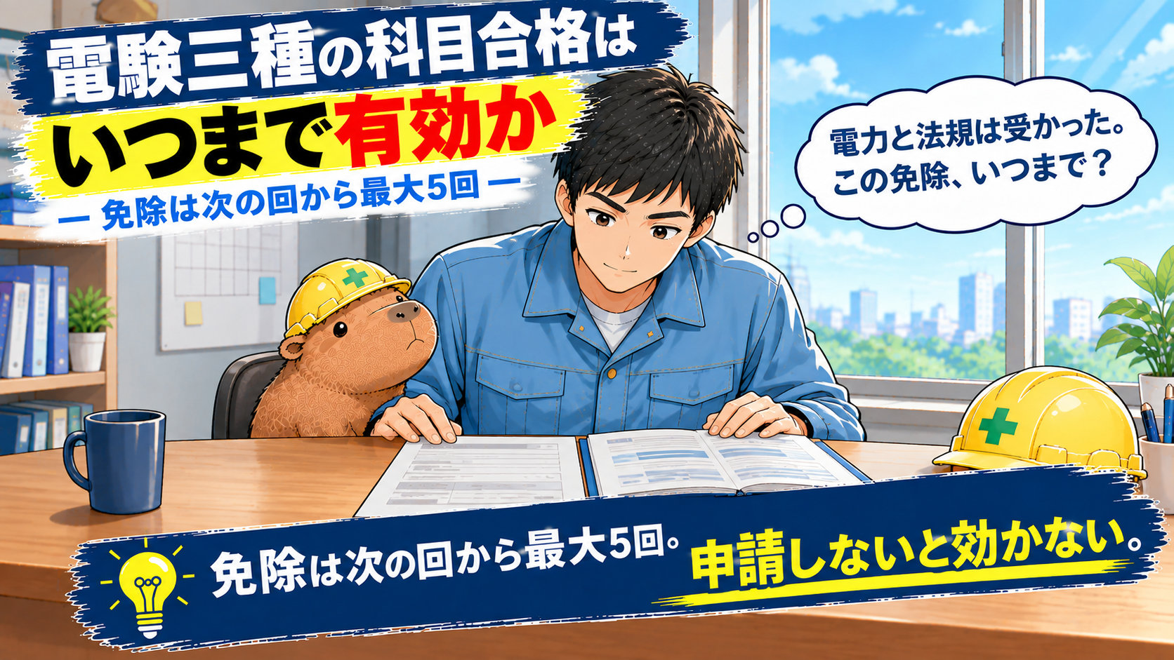 記事のアイキャッチ画像です。作業着の男性が事務所の机で冊子を開き、「電力と法規は受かった。この免除、いつまで？」と考えています。机にはヘルメットとカピバラのぬいぐるみが置いてあります。画像の上に「電験三種の科目合格はいつまで有効か ― 免除は次の回から最大5回」、下に「免除は次の回から最大5回。申請しないと効かない。」という文字が入っています。