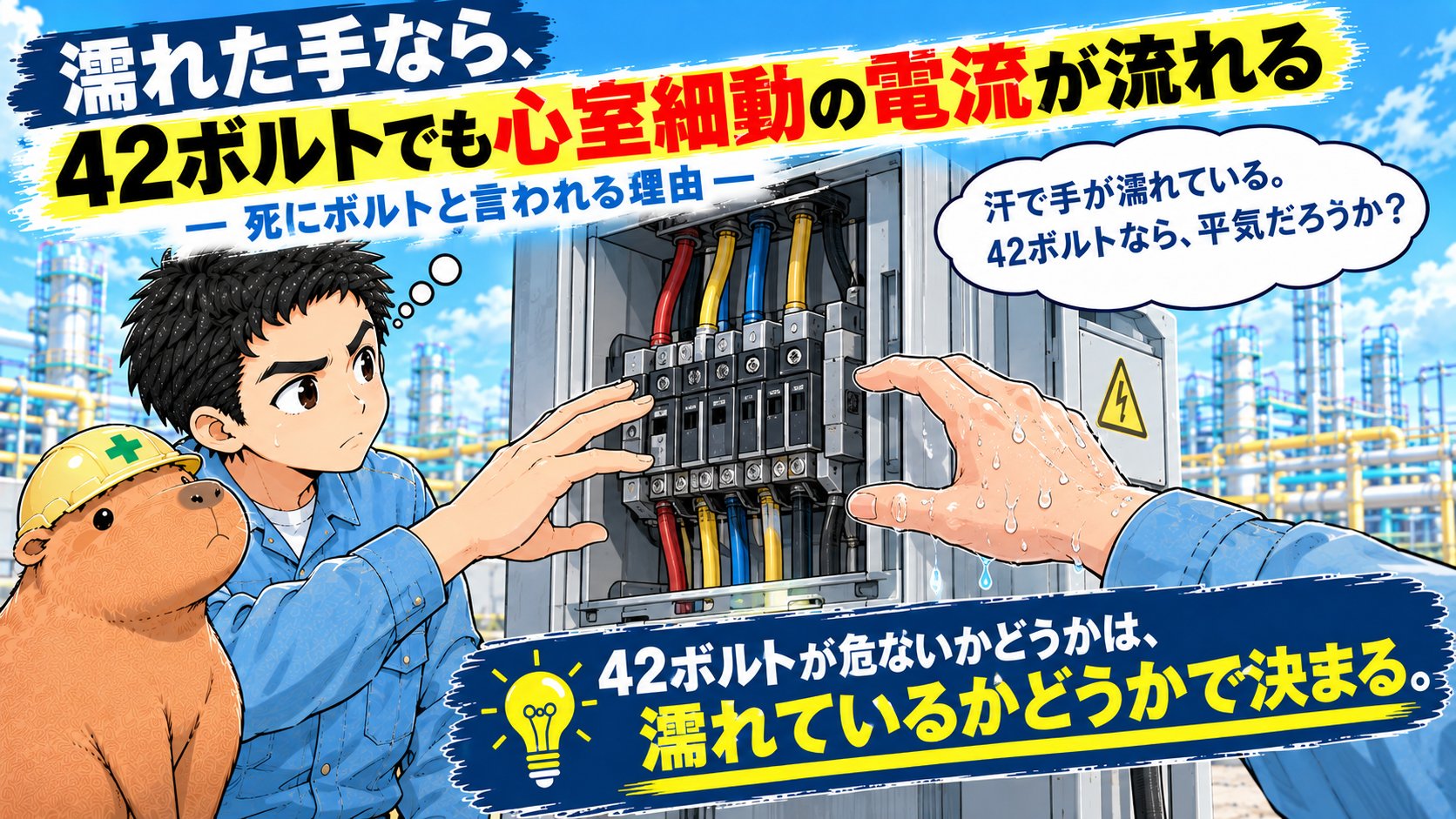 濡れた手なら、42Vでも心室細動の電流が流れる ― 死にボルトと言われる理由