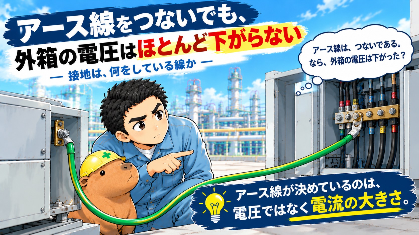 アース線をつないでも、外箱の電圧はほとんど下がらない ― 接地は、何をしている線か