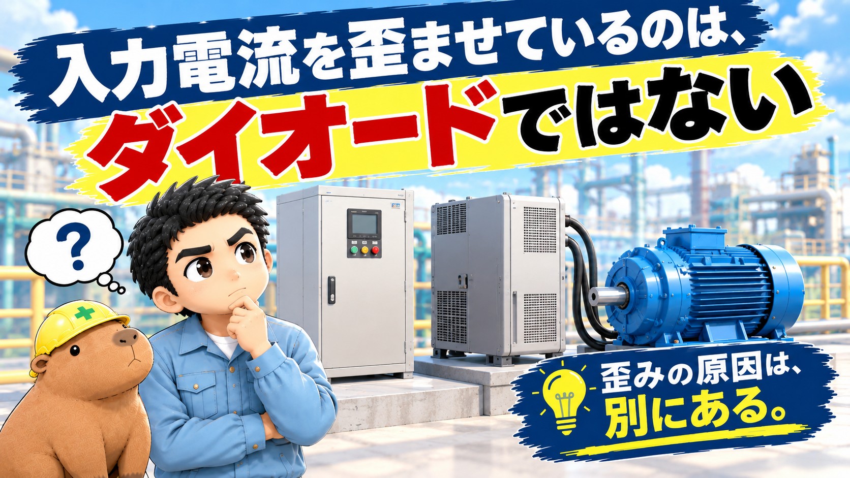 記事のタイトル画像。屋外のプラントを背景に、作業服の人物がインバータ盤とモータを見て考えこんでいる。「入力電流を歪ませているのは、ダイオードではない」「歪みの原因は、別にある。」という文字が入っている。