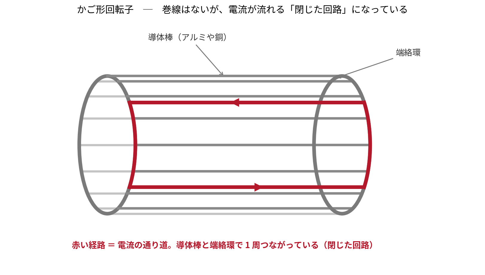 かご形回転子の模式図。円筒の周囲に並んだ導体棒（アルミや銅）の両端が端絡環でつながり、1周する閉じた回路になっている。