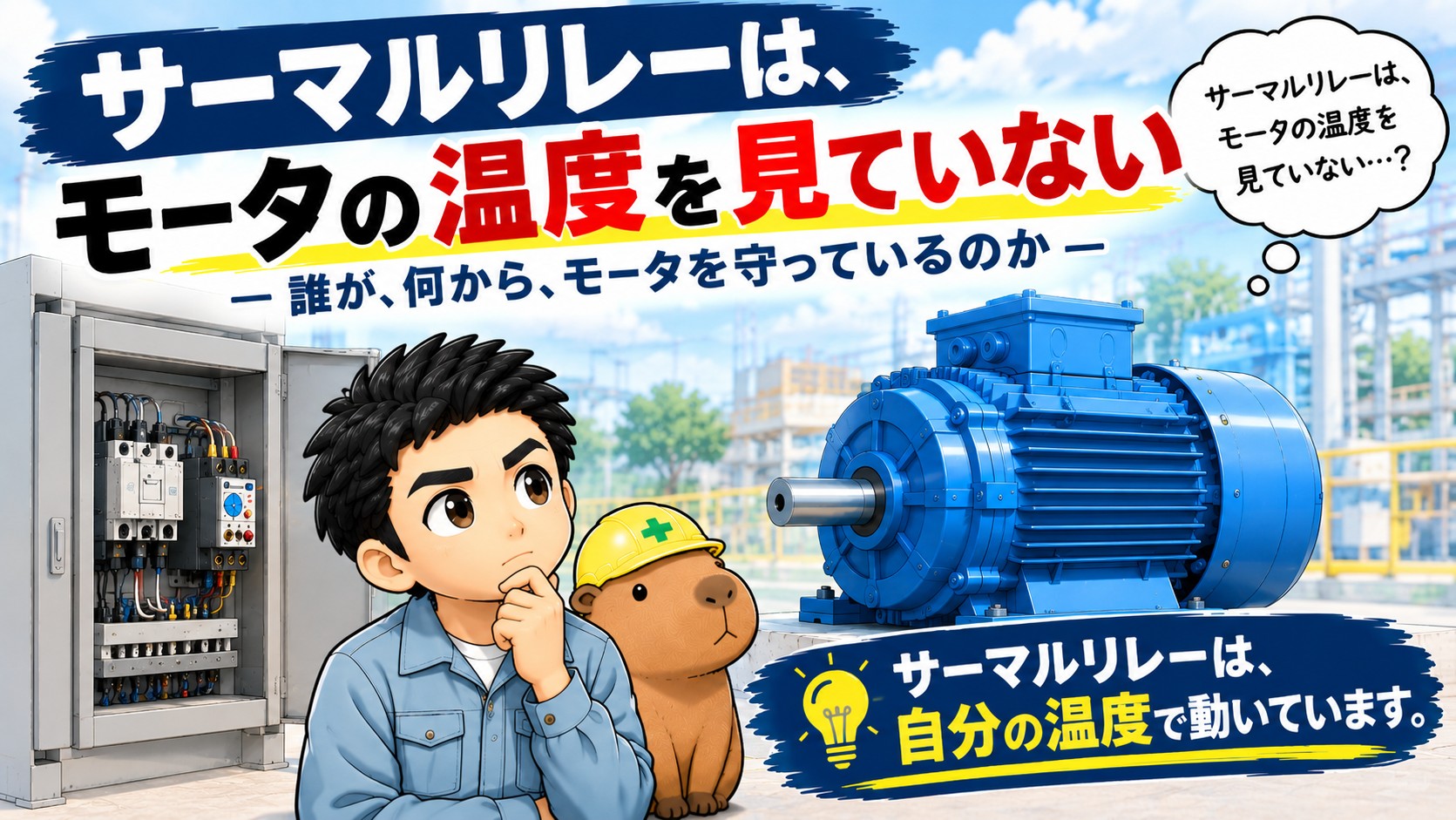 記事タイトル「サーマルリレーは、モータの温度を見ていない ― 誰が、何から、モータを守っているのか」と、左に電磁接触器とサーマルリレーが入った開いた制御盤、右に青い三相モータ、中央に考えこむ作業服の人物とヘルメットをかぶったカピバラを配したアイキャッチ画像。