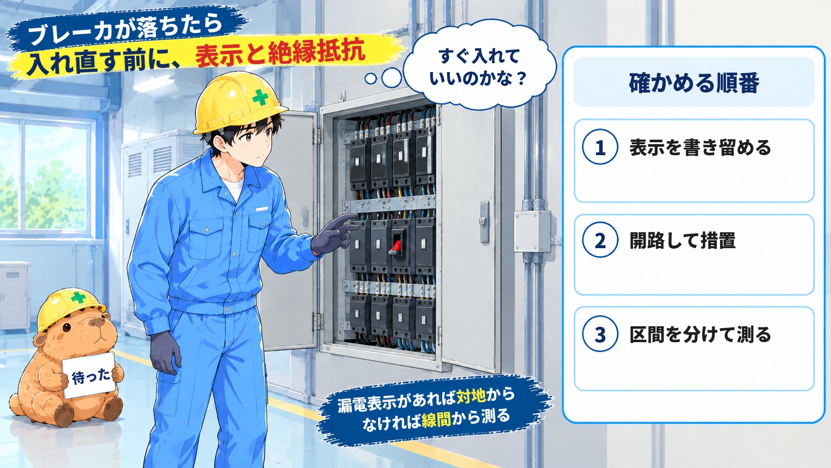 ブレーカが落ちたら、入れ直す前に表示と絶縁抵抗。漏電表示があれば対地から、なければ線間から測る