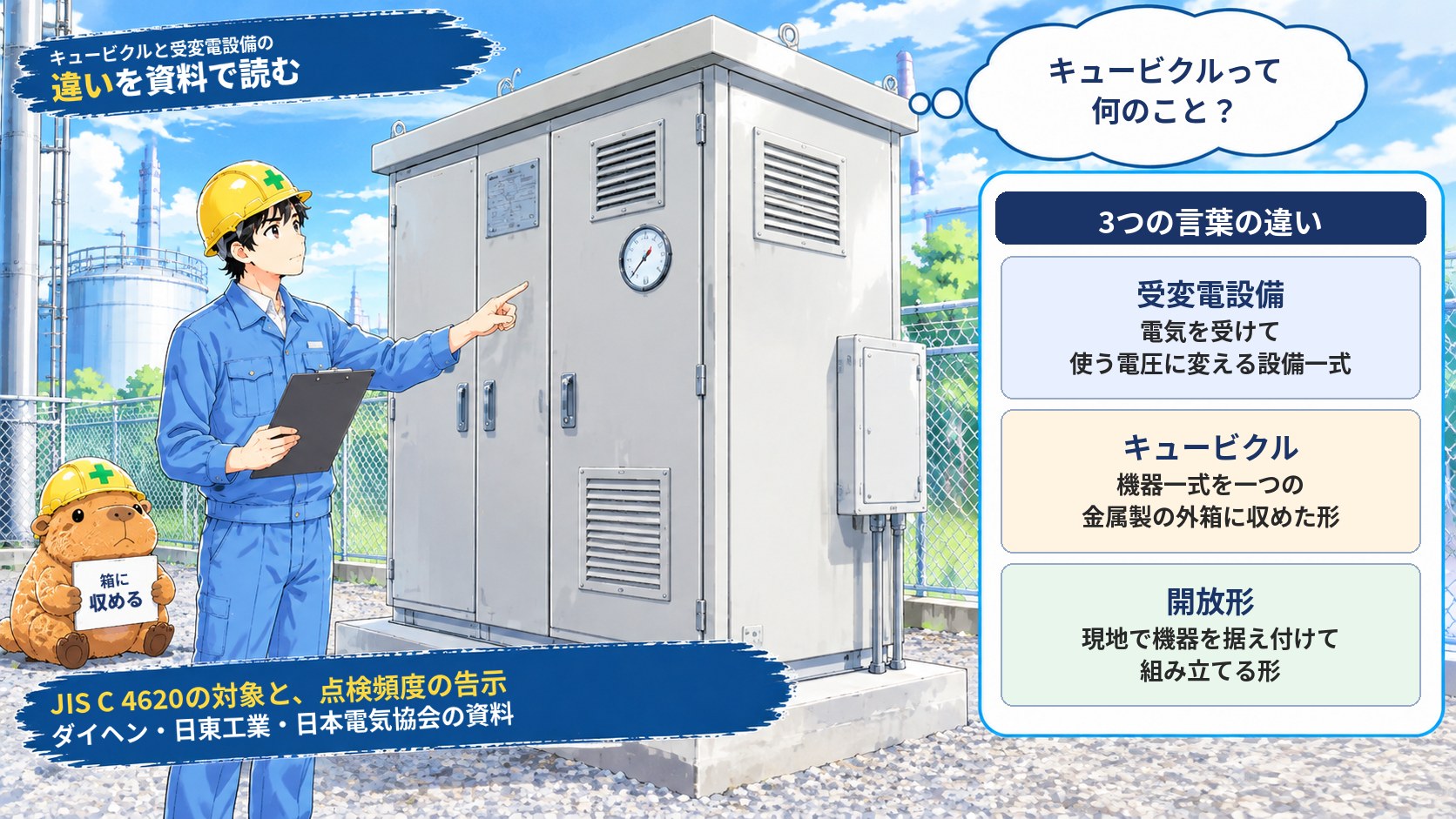 キュービクルと受変電設備の違いを資料で読む。受変電設備は電気を受けて使う電圧に変える設備一式、キュービクルは機器一式を一つの金属製の外箱に収めた形