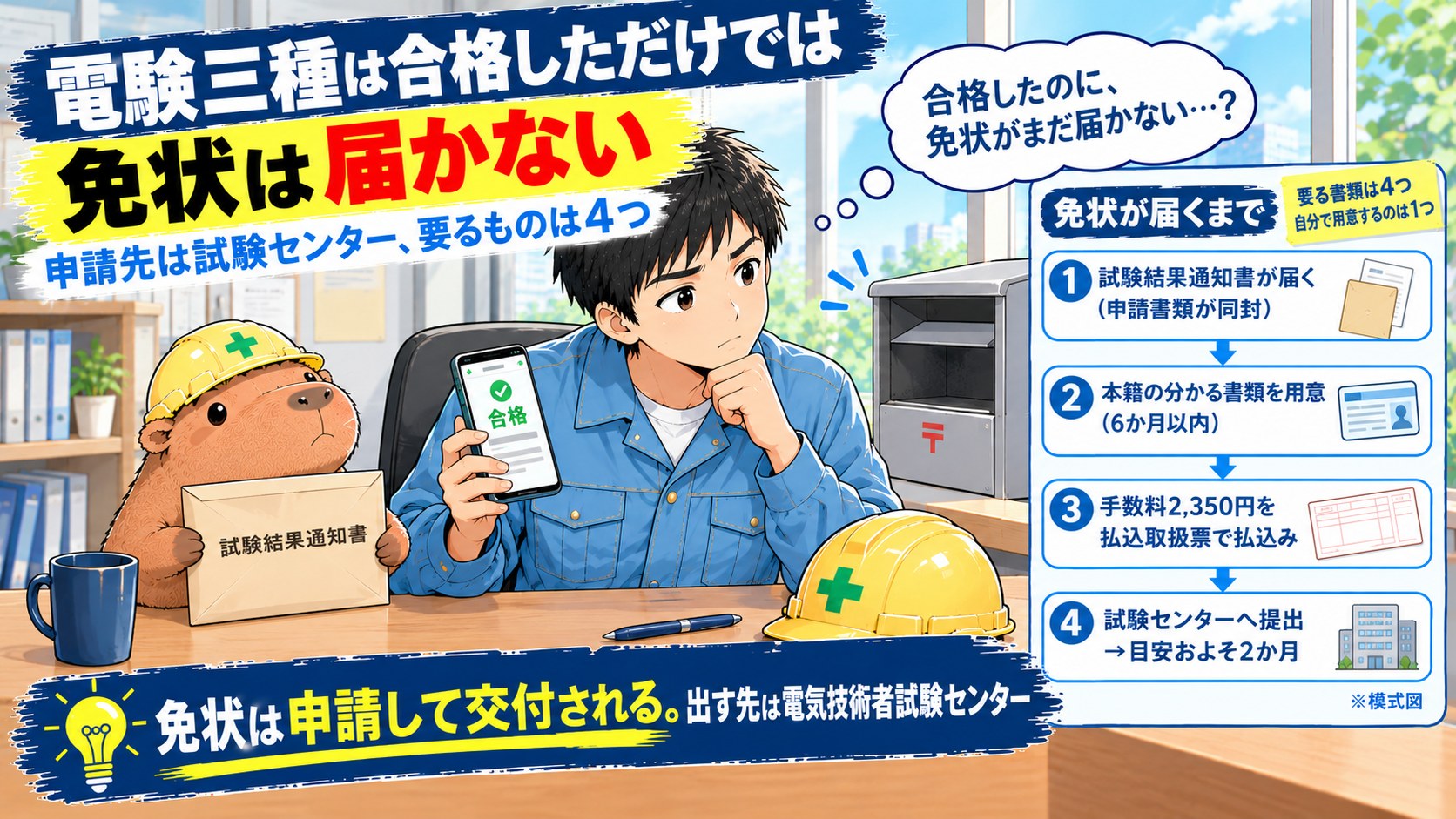 記事のアイキャッチ画像です。作業着の男性が、スマホの合格画面を持って郵便受けのほうを見ながら考えこみ、ヘルメットをかぶったカピバラのぬいぐるみが試験結果通知書の封筒を抱えています。画像の上に「電験三種は合格しただけでは免状は届かない」「申請先は試験センター、要るものは4つ」、下に「免状は申請して交付される。出す先は電気技術者試験センター」という文字が入っています。右側の図は「免状が届くまで」で、試験結果通知書が届く（申請書類が同封）、本籍の分かる書類を用意（6か月以内）、手数料2,350円を払込取扱票で払込み、試験センターへ提出（目安およそ2か月）の4段を矢印でつないだ模式図です。