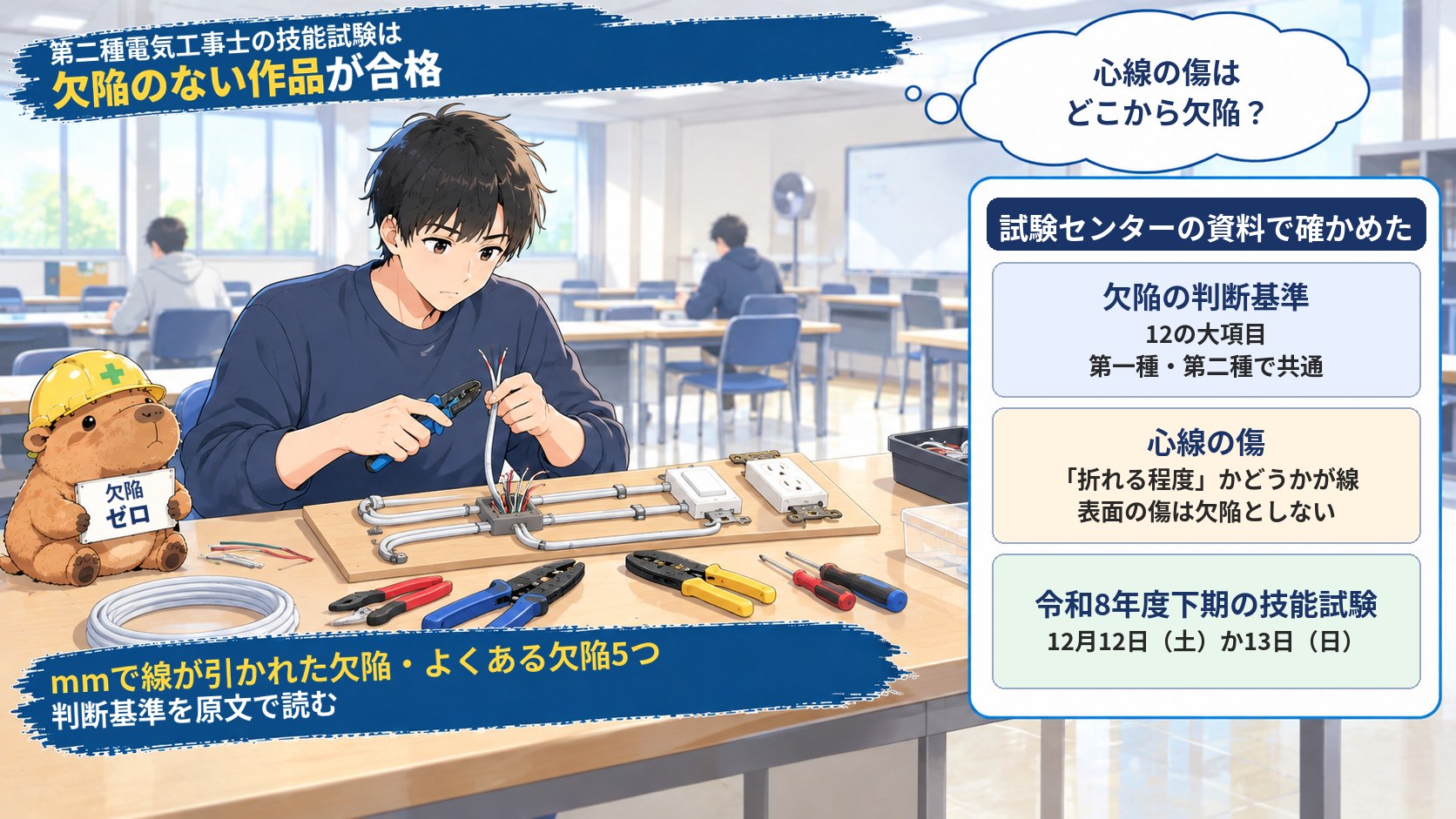 技能試験の練習作品を作る男性と、判断基準の要点をまとめたアイキャッチ画像