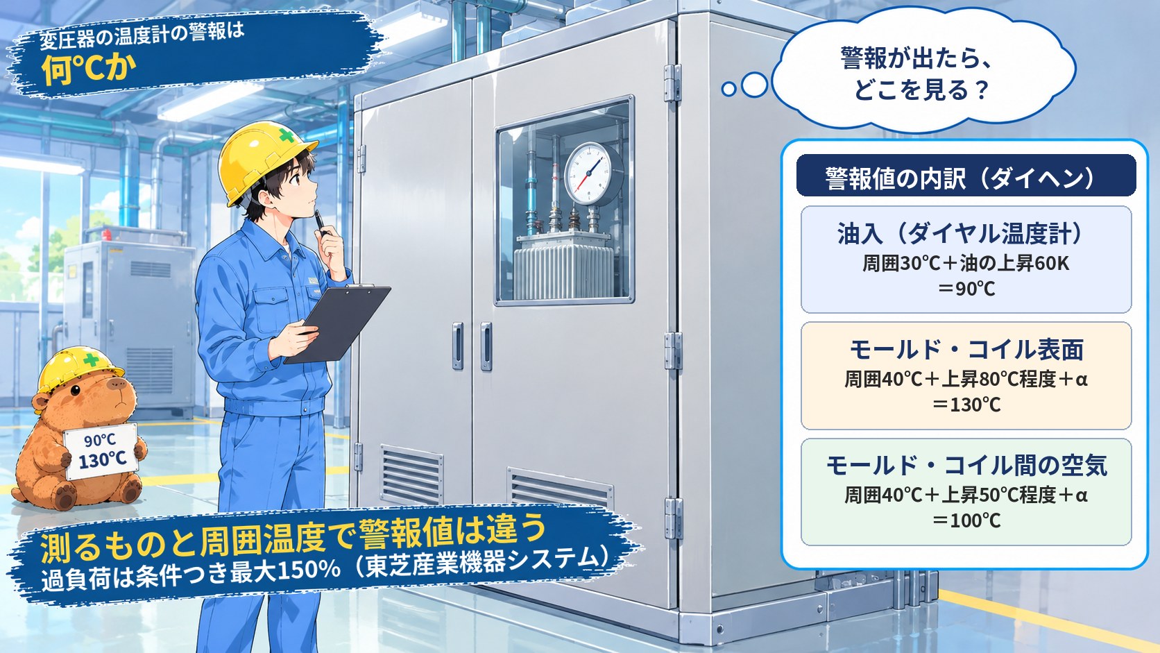 変圧器の温度計の警報は何℃か（ダイヘンの警報値の内訳）