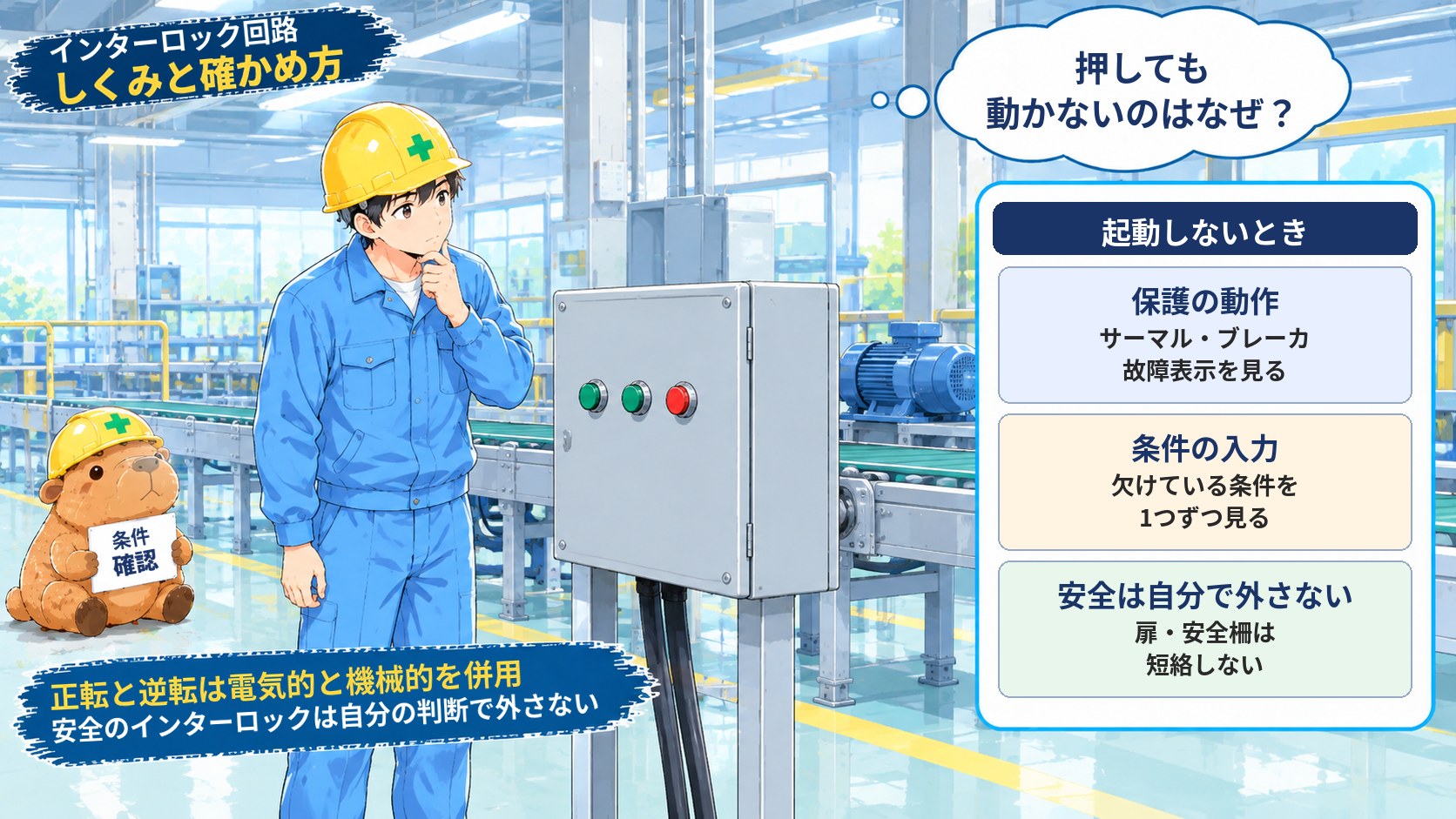 記事のアイキャッチ画像です。作業着とヘルメットの男性が、押しボタンが3つ並んだ操作盤の前で首をかしげ、ヘルメットをかぶったカピバラのぬいぐるみが「条件 確認」と書いた板を持っています。上に「インターロック回路 しくみと確かめ方」、吹き出しに「押しても動かないのはなぜ？」、下に「正転と逆転は電気的と機械的を併用」「安全のインターロックは自分の判断で外さない」という文字が入っています。右側の「起動しないとき」の欄には、保護の動作（サーマル・ブレーカ、故障表示を見る）、条件の入力（欠けている条件を1つずつ見る）、安全は自分で外さない（扉・安全柵は短絡しない）の3つが並んでいます。