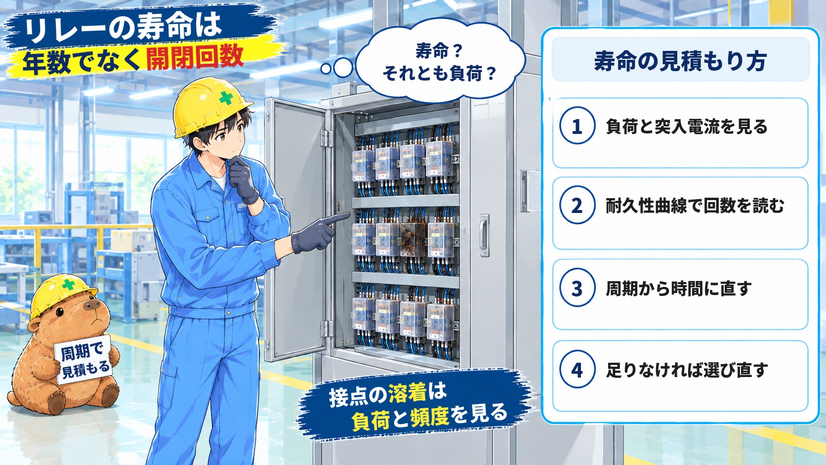 リレーの寿命は年数でなく開閉回数。接点の溶着は負荷と頻度を見る。寿命の見積もり方4つの手順