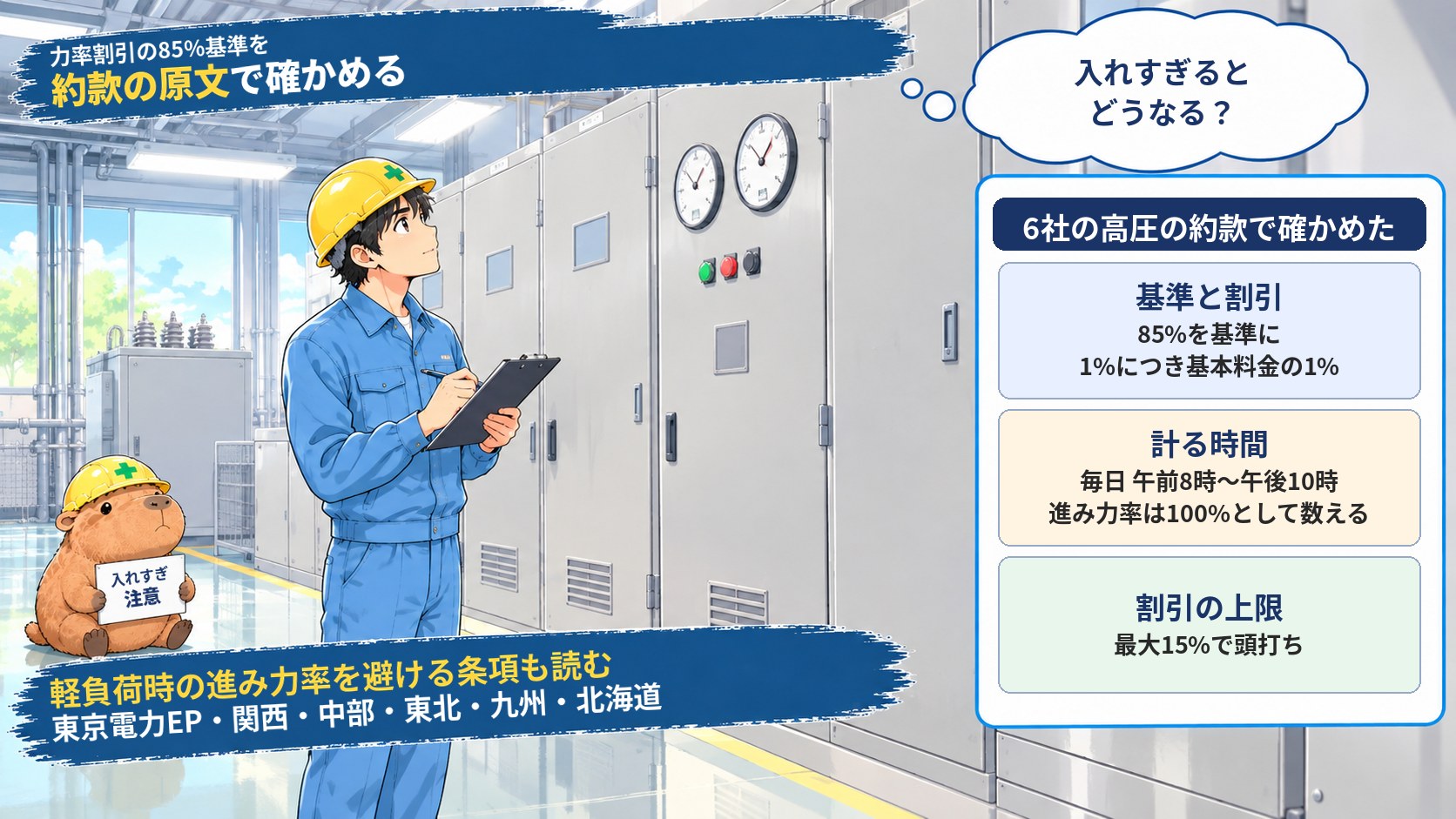 受電盤のメーターを見上げて記録をつける作業服の男性と、力率割引の85%基準・計る時間・割引の上限をまとめたアイキャッチ画像