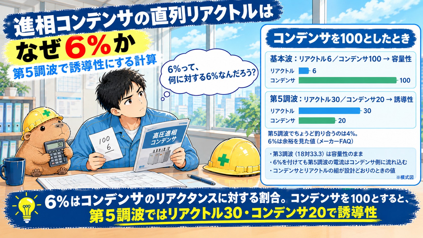 記事のアイキャッチ画像です。作業着の男性が、進相コンデンサのカタログと「100」「6」と書いたメモを見比べて首をかしげ、ヘルメットをかぶったカピバラのぬいぐるみが「30」と表示された電卓を抱えています。画像の上に「進相コンデンサの直列リアクトルはなぜ6%か」、下に「6%はコンデンサのリアクタンスに対する割合。コンデンサを100とすると、第5調波ではリアクトル30・コンデンサ20で誘導性」という文字が入っています。