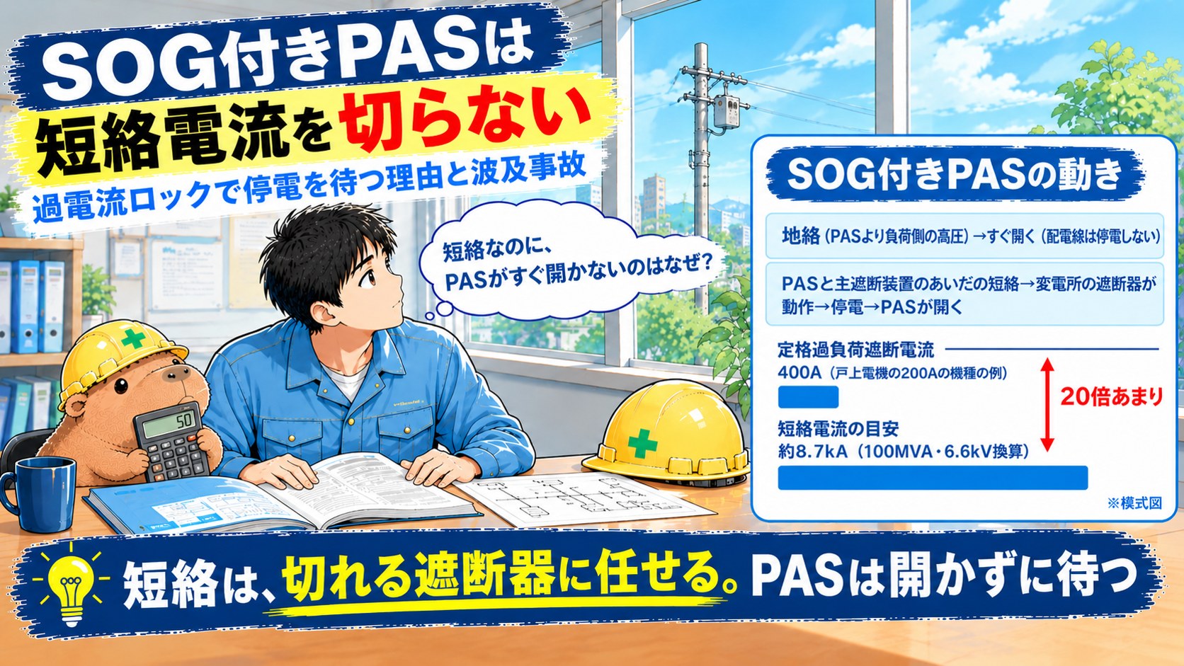 記事のアイキャッチ画像です。作業着の男性が机で資料を開きながら窓の外の電柱を見上げ、横にヘルメットをかぶったカピバラのぬいぐるみがいます。画像の上に「SOG付きPASは短絡電流を切らない」「過電流ロックで停電を待つ理由と波及事故」、下に「短絡は、切れる遮断器に任せる。PASは開かずに待つ」という文字が入っています。右側の図は「SOG付きPASの動き」で、地絡（PASより負荷側の高圧）ではすぐ開く（配電線は停電しない）、PASと主遮断装置のあいだの短絡では変電所の遮断器が動作して停電してからPASが開く、と並べ、定格過負荷遮断電流400A（戸上電機の200Aの機種の例）と短絡電流の目安約8.7kA（100MVA・6.6kV換算）を棒で比べて20倍あまりと示した模式図です。
