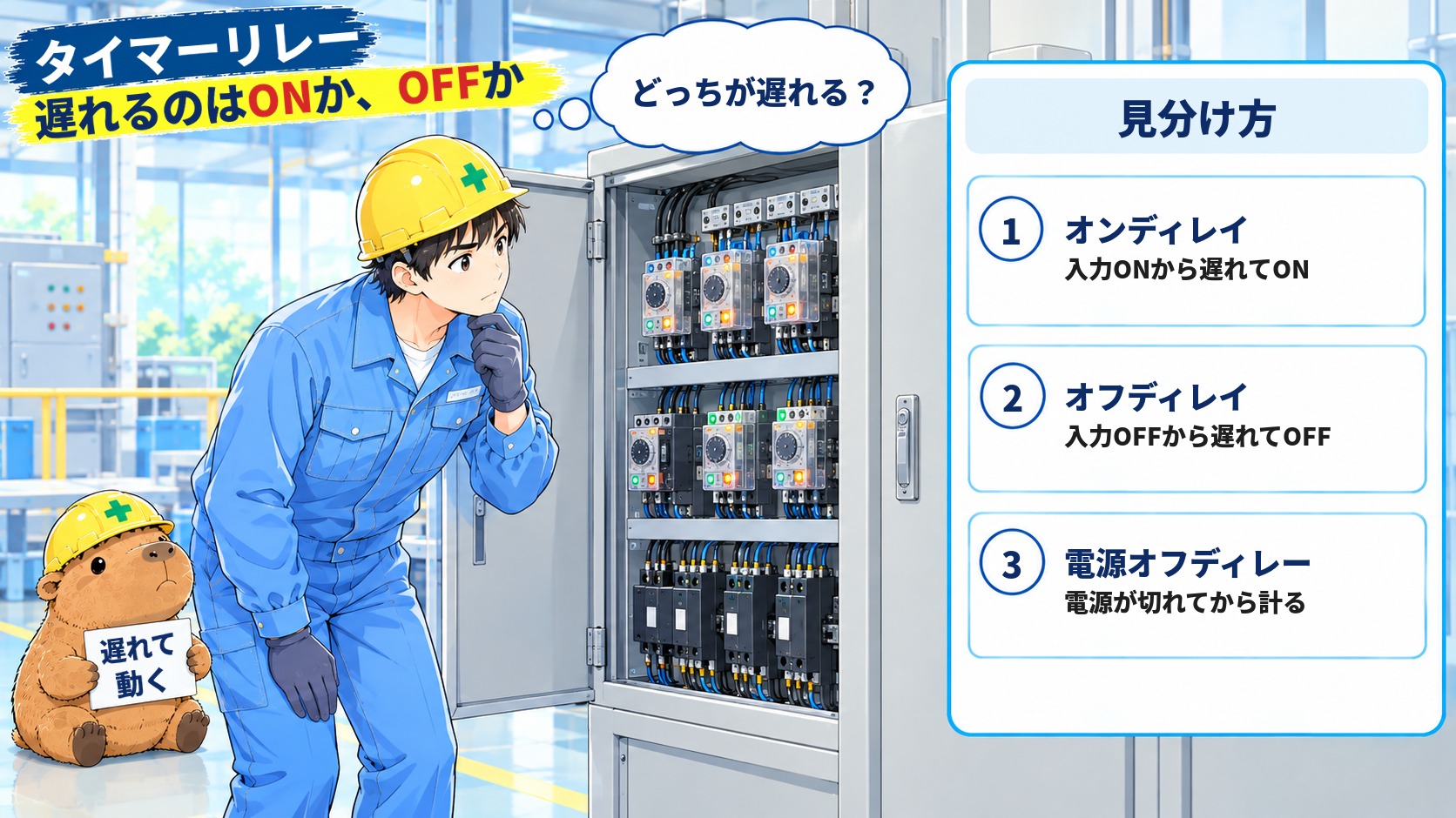 タイマーリレーのオンディレイとオフディレイの違い