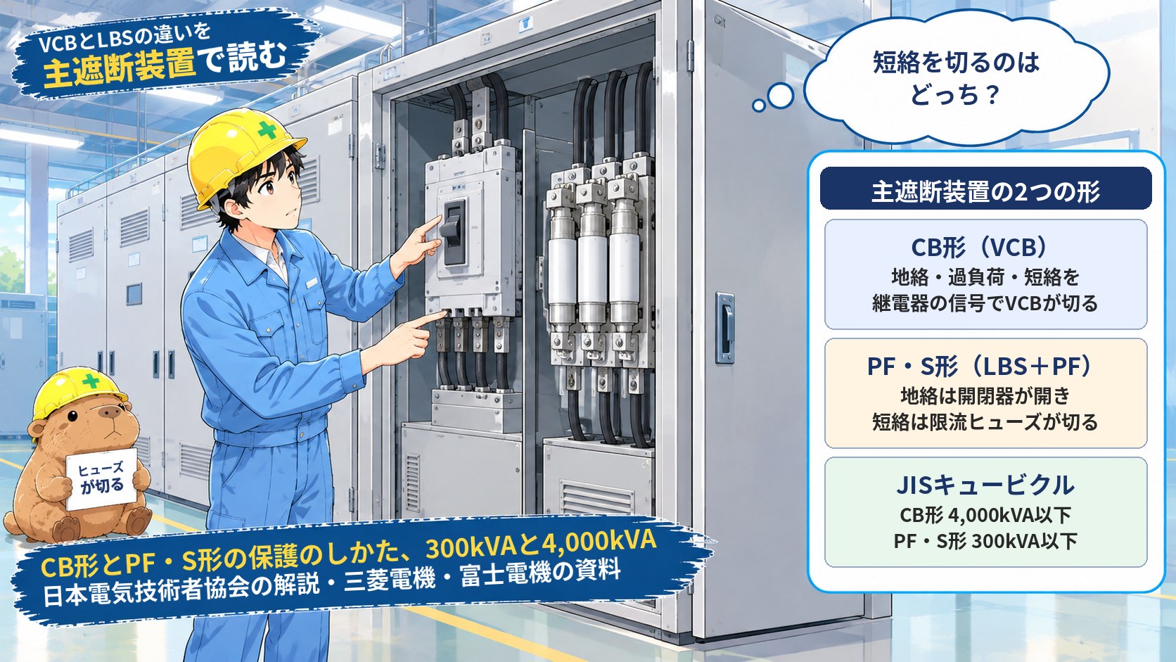 VCBとLBSの違いを主遮断装置で読む。CB形は継電器の信号でVCBが切り、PF・S形は短絡を限流ヒューズが切る